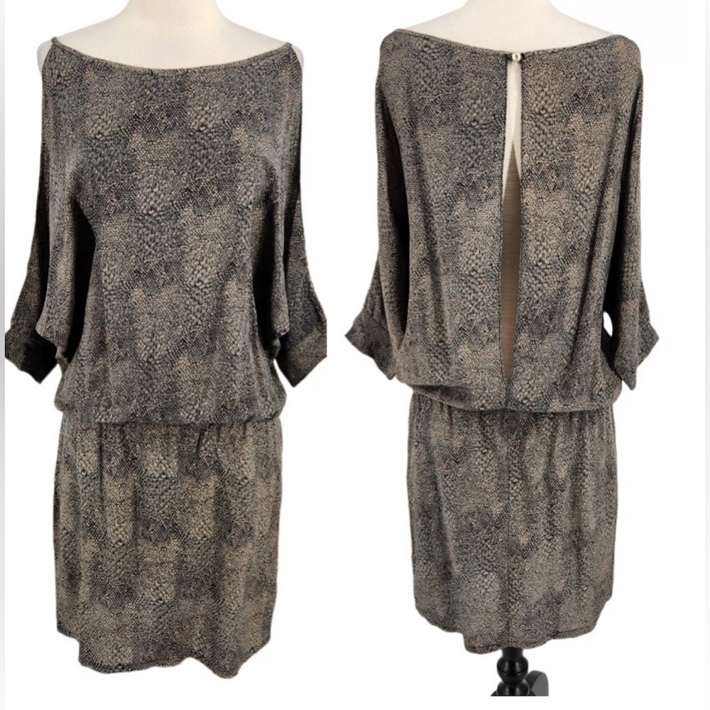 NWT Karina Grimaldi Snake Print Deep V Open Back Silk Mini Short Dress Med